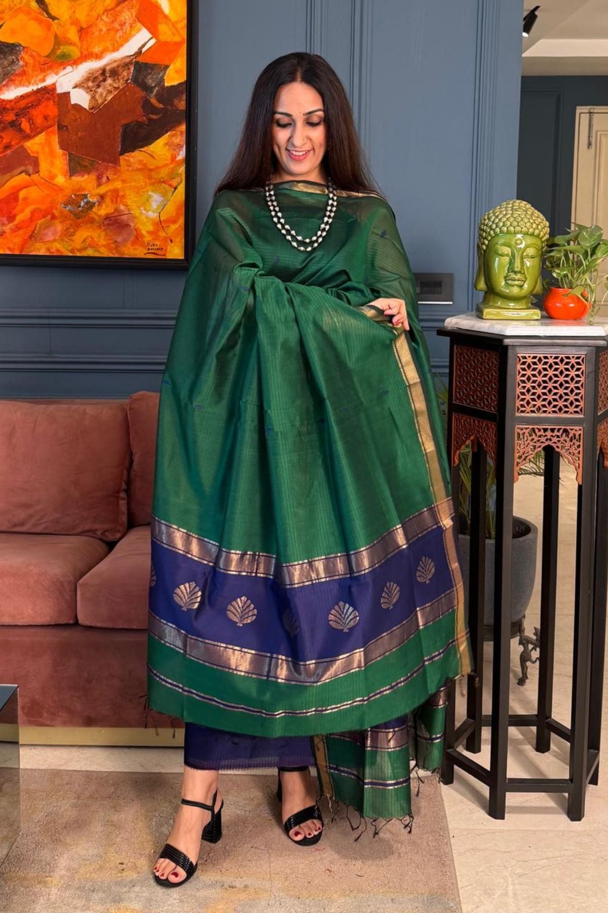 Handwoven Maheshwari silk kurta dupatta set